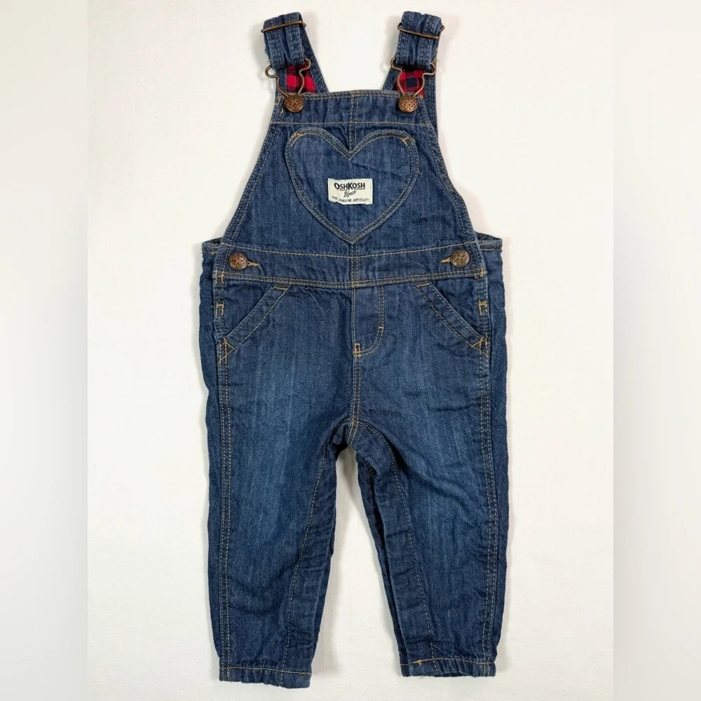 OSHKOSH B'GOSH‎ Baby Girls' Dark Wash Heart Vestbak Red Plaid Lined Overalls 6M
